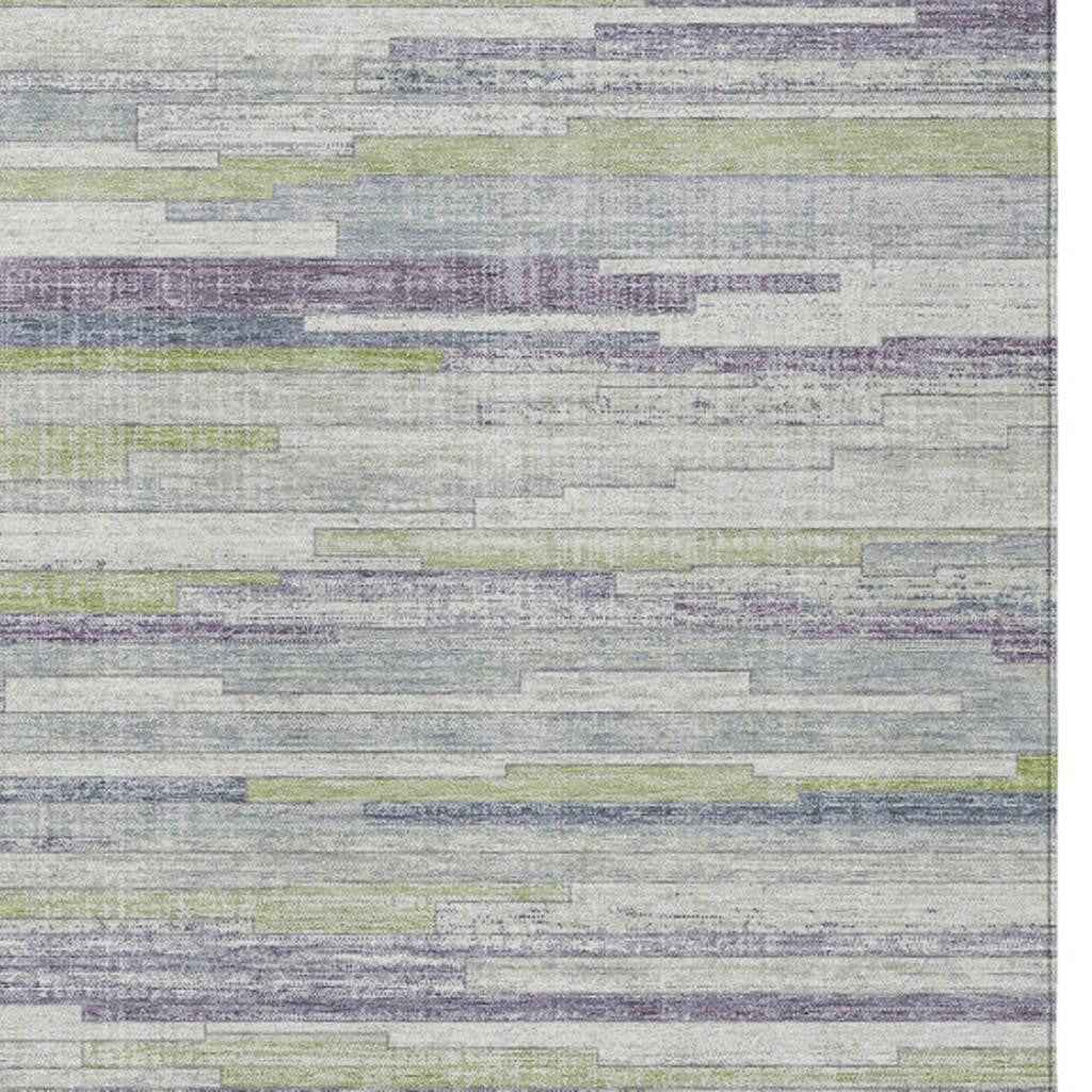8' X 10' Artichoke Green And Plum Striped Washable Indoor Outdoor Area Rug