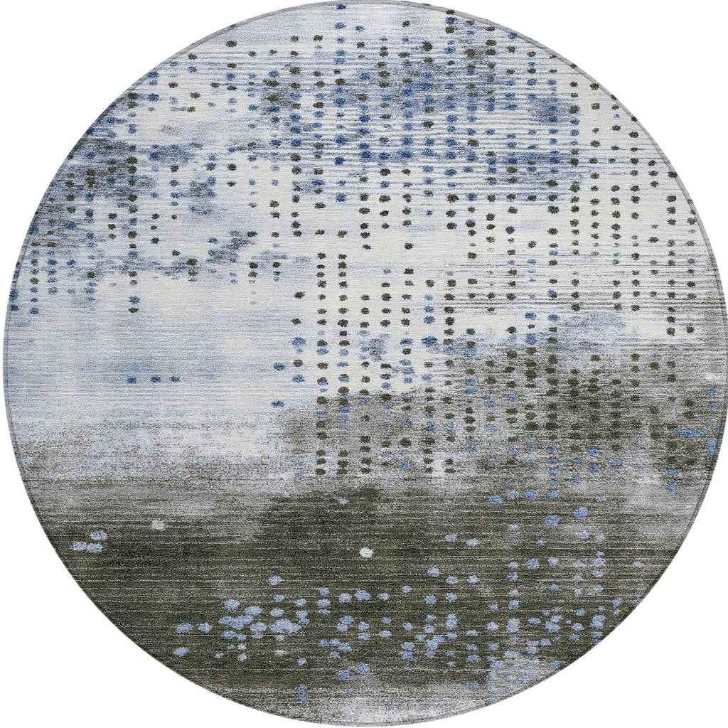 8' Denim Blue And Brown Round Geometric Washable Indoor Outdoor Area Rug