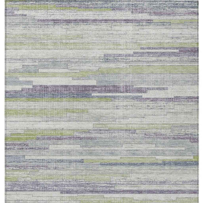 10' X 14' Artichoke Green And Plum Striped Washable Indoor Outdoor Area Rug