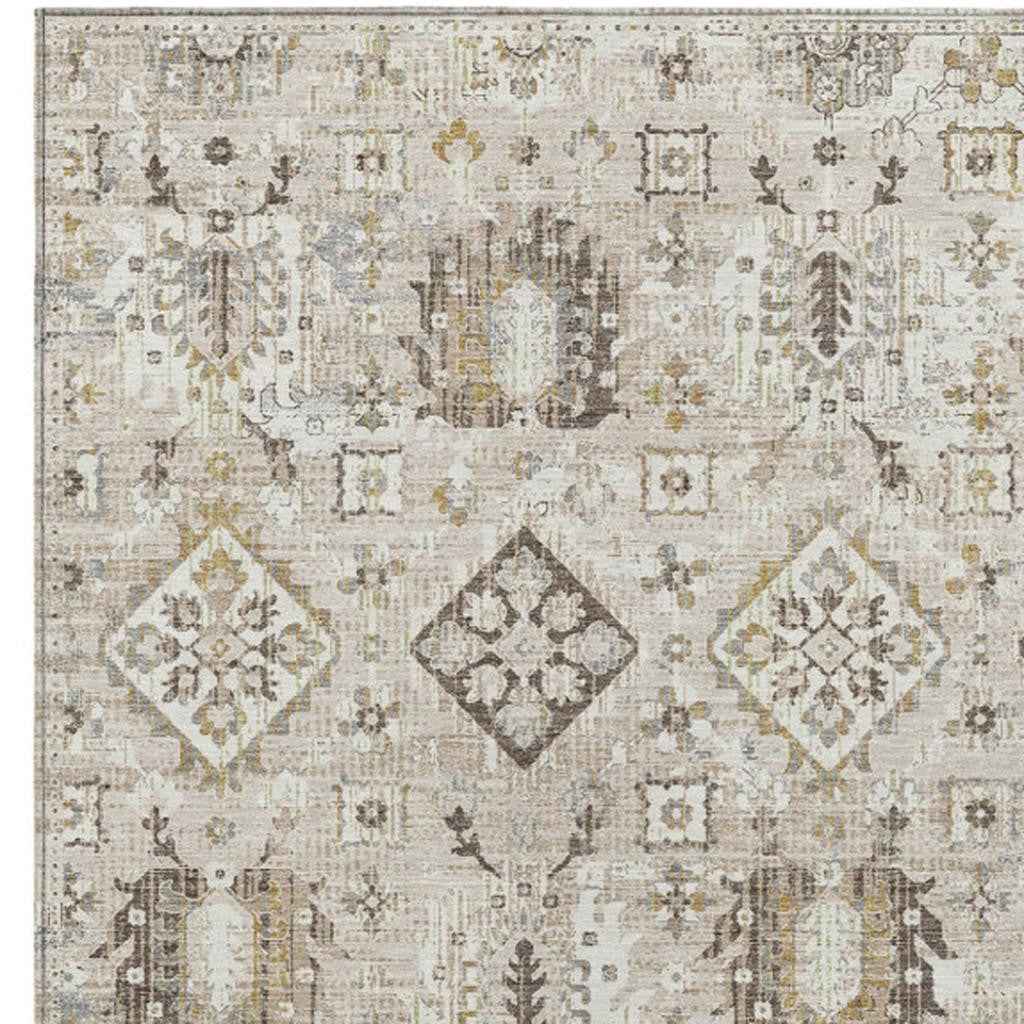 3' X 5' Linen And Ivory Floral Medallion Washable Indoor Outdoor Area Rug