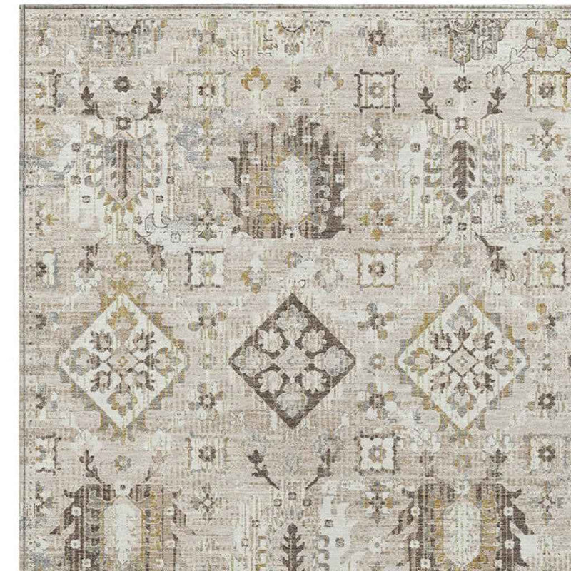 3' X 5' Linen And Ivory Floral Medallion Washable Indoor Outdoor Area Rug