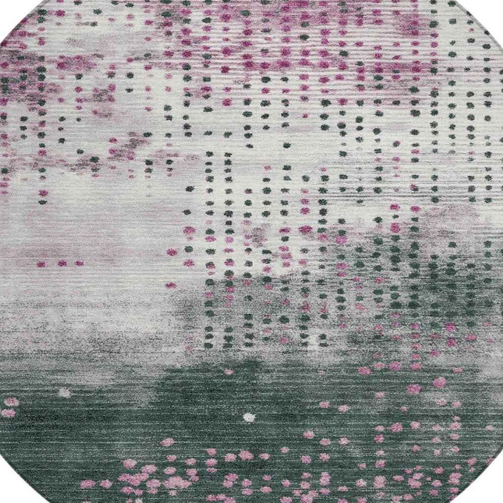 8' Blush And Emerald Round Geometric Washable Indoor Outdoor Area Rug