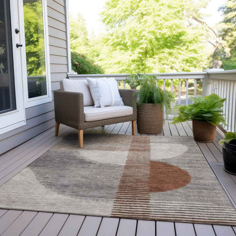 5' X 8' Taupe And Rust Geometric Washable Indoor Outdoor Area Rug