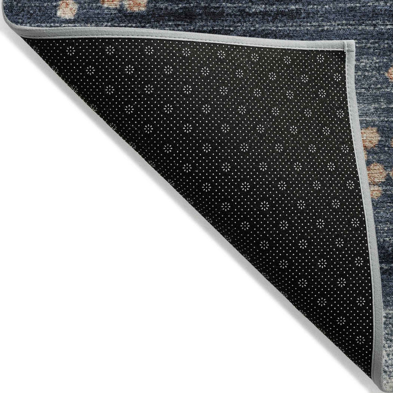 8' Linen And Navy Blue Round Geometric Washable Indoor Outdoor Area Rug