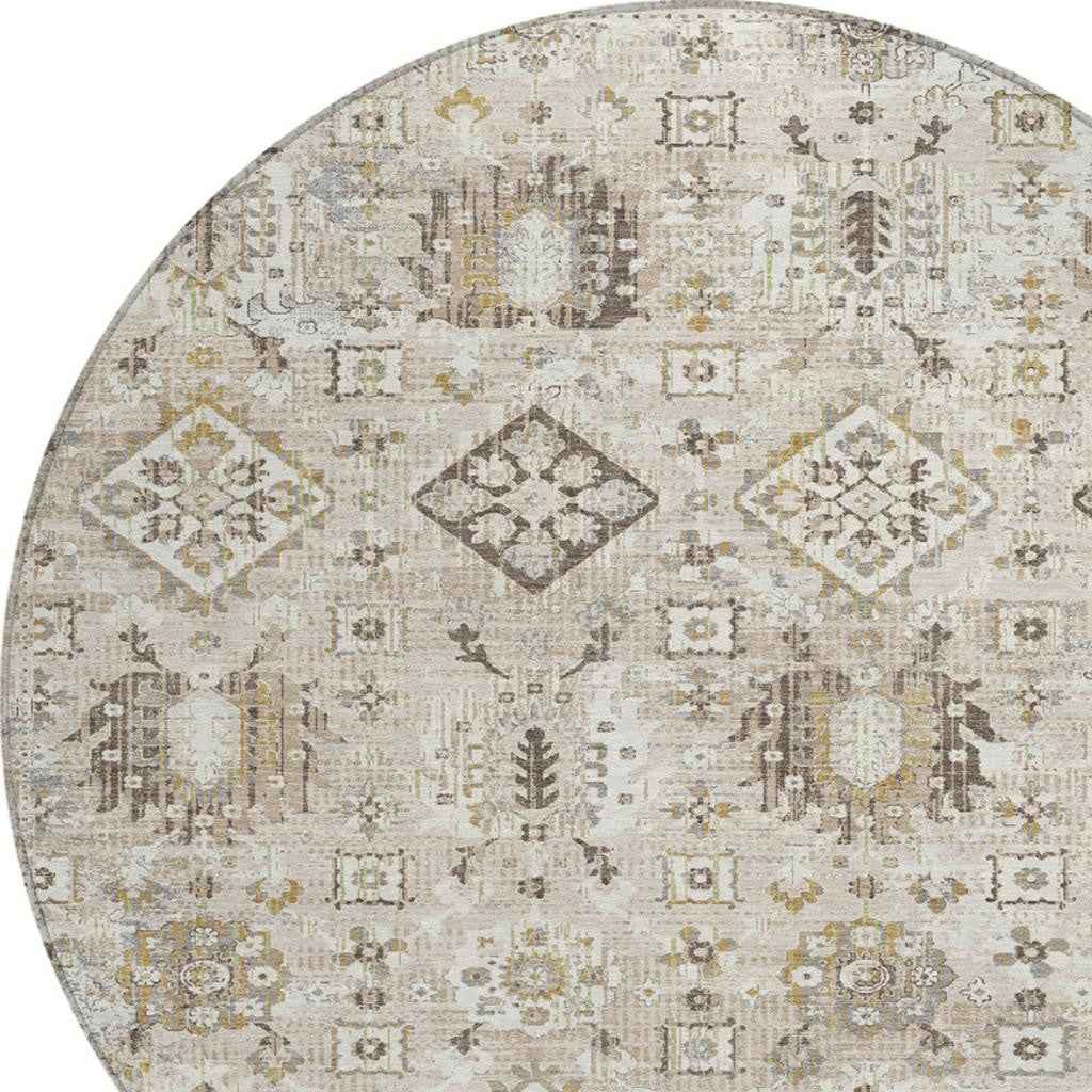 8' Linen And Ivory Round Floral Medallion Washable Indoor Outdoor Area Rug