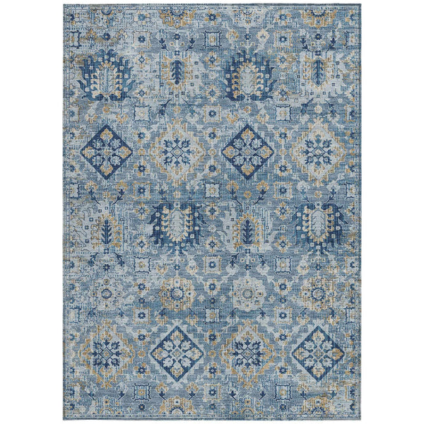 10' X 14' Denim Blue And Gold Floral Medallion Washable Indoor Outdoor Area Rug
