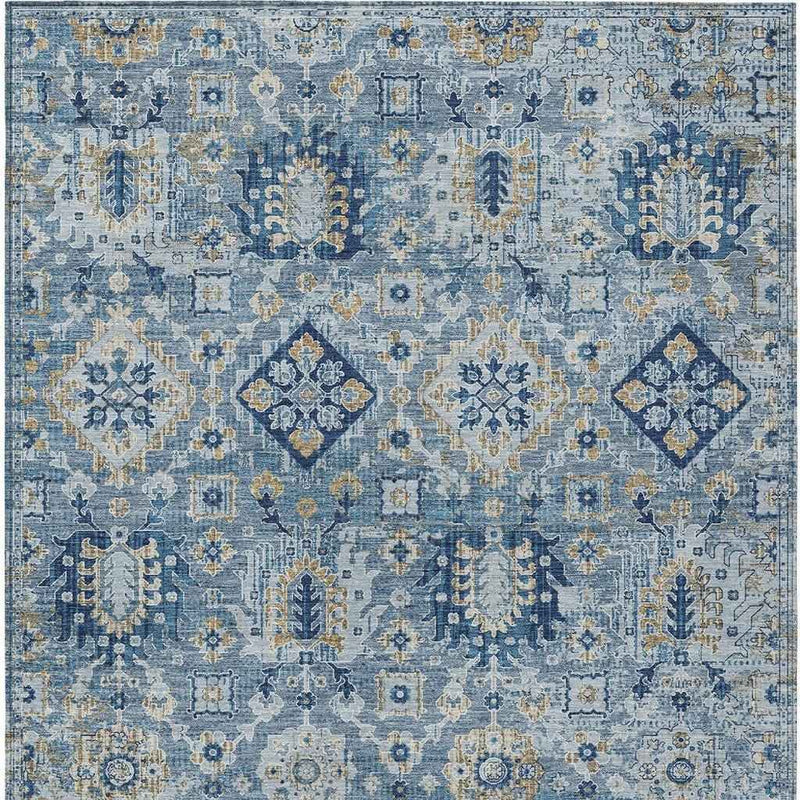 10' X 14' Denim Blue And Gold Floral Medallion Washable Indoor Outdoor Area Rug