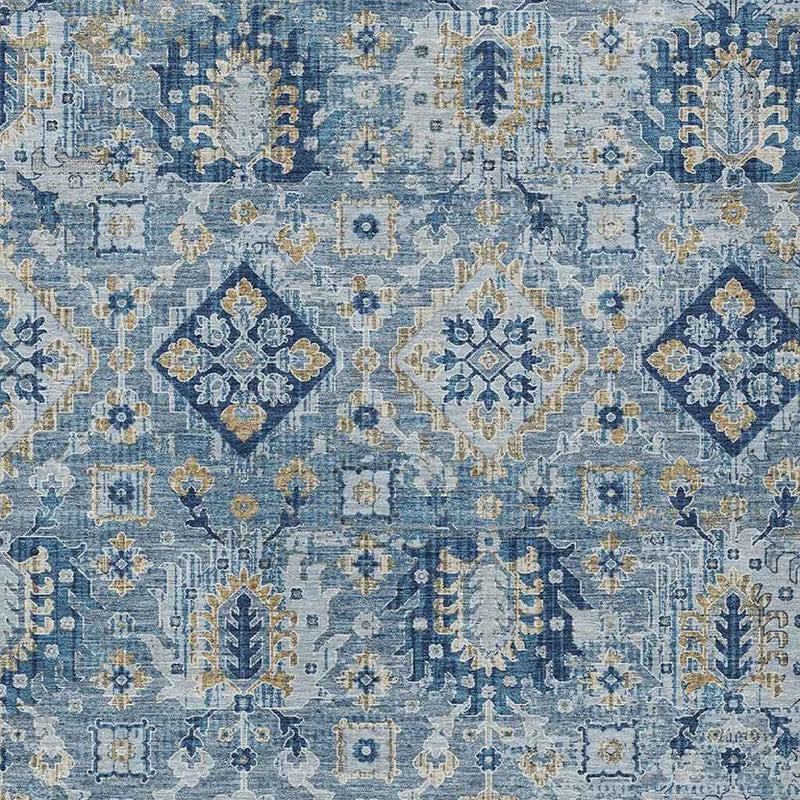 9' X 12' Denim Blue And Gold Floral Medallion Washable Indoor Outdoor Area Rug
