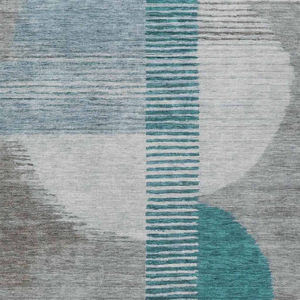 3' X 5' Teal Blue And Gray Geometric Washable Indoor Outdoor Area Rug