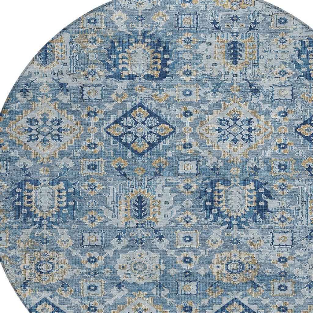 8' Denim Blue And Gold Round Floral Medallion Washable Indoor Outdoor Area Rug