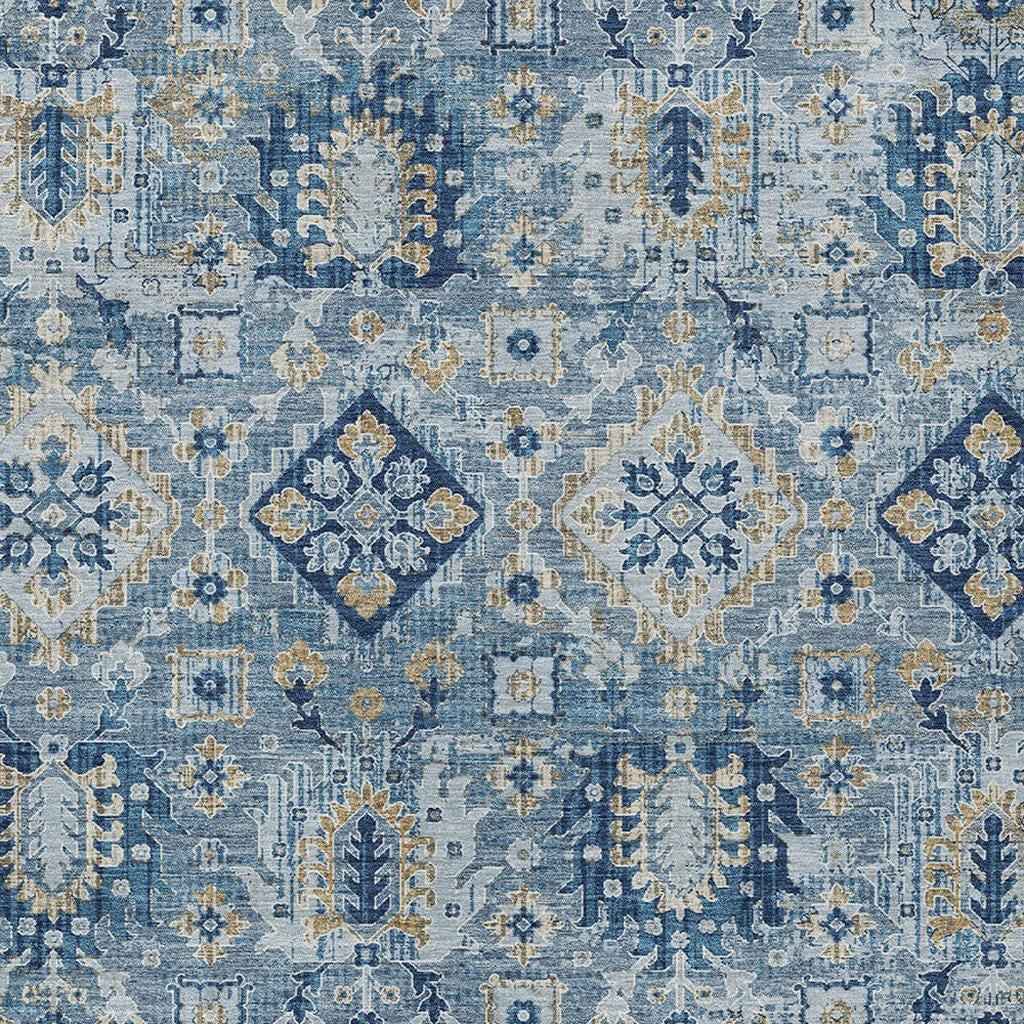 3' X 5' Denim Blue And Gold Floral Medallion Washable Indoor Outdoor Area Rug