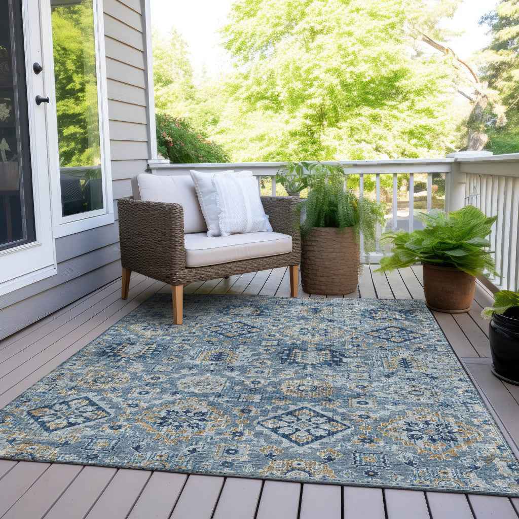 3' X 5' Denim Blue And Gold Floral Medallion Washable Indoor Outdoor Area Rug