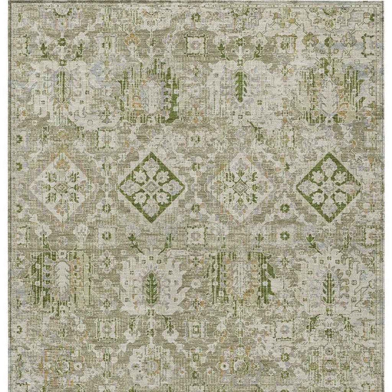3' X 5' Fern Green And Beige Floral Medallion Washable Indoor Outdoor Area Rug