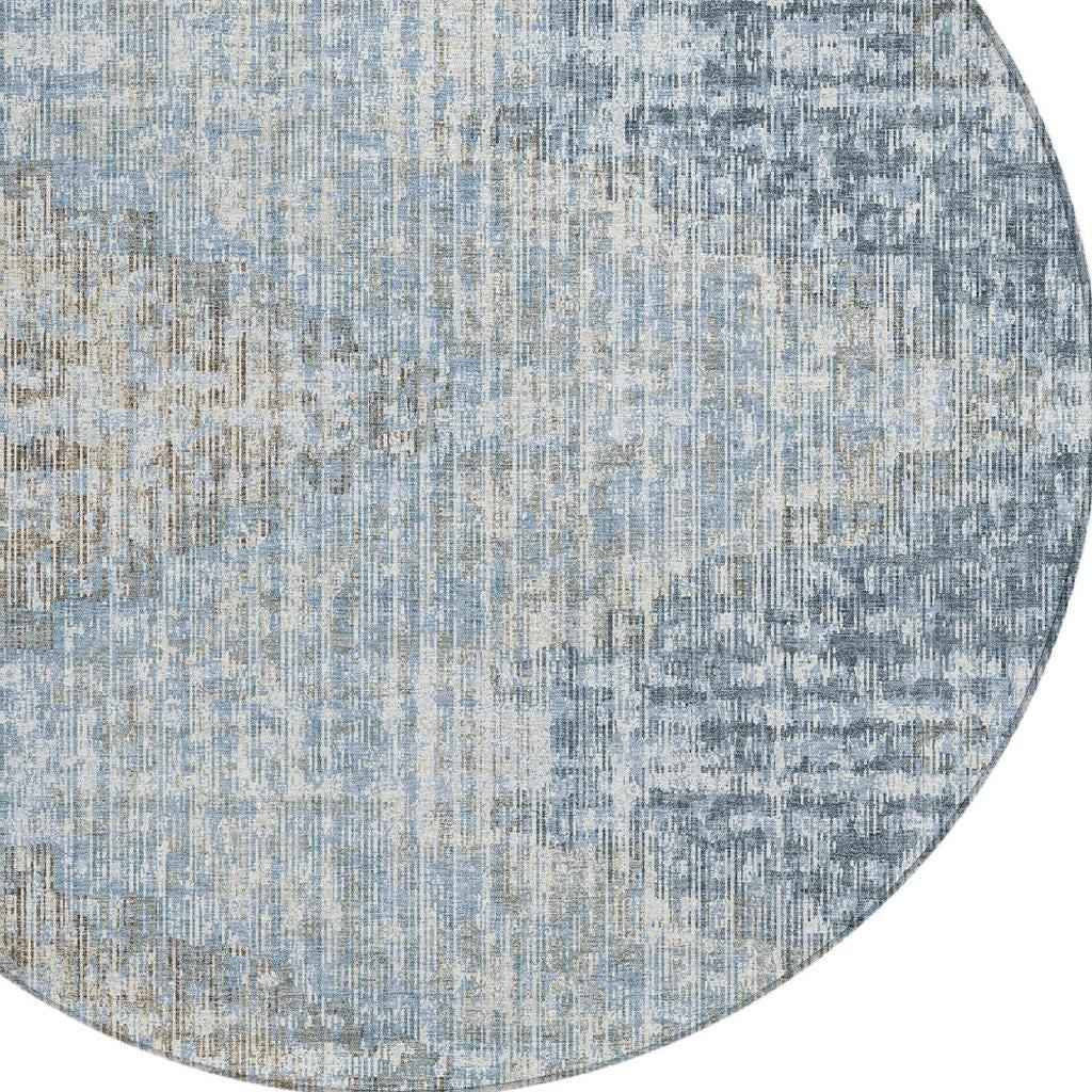 8' Denim Blue And Beige Round Geometric Washable Indoor Outdoor Area Rug