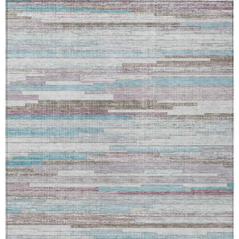8' X 10' Teal Blue And Beige Striped Washable Indoor Outdoor Area Rug