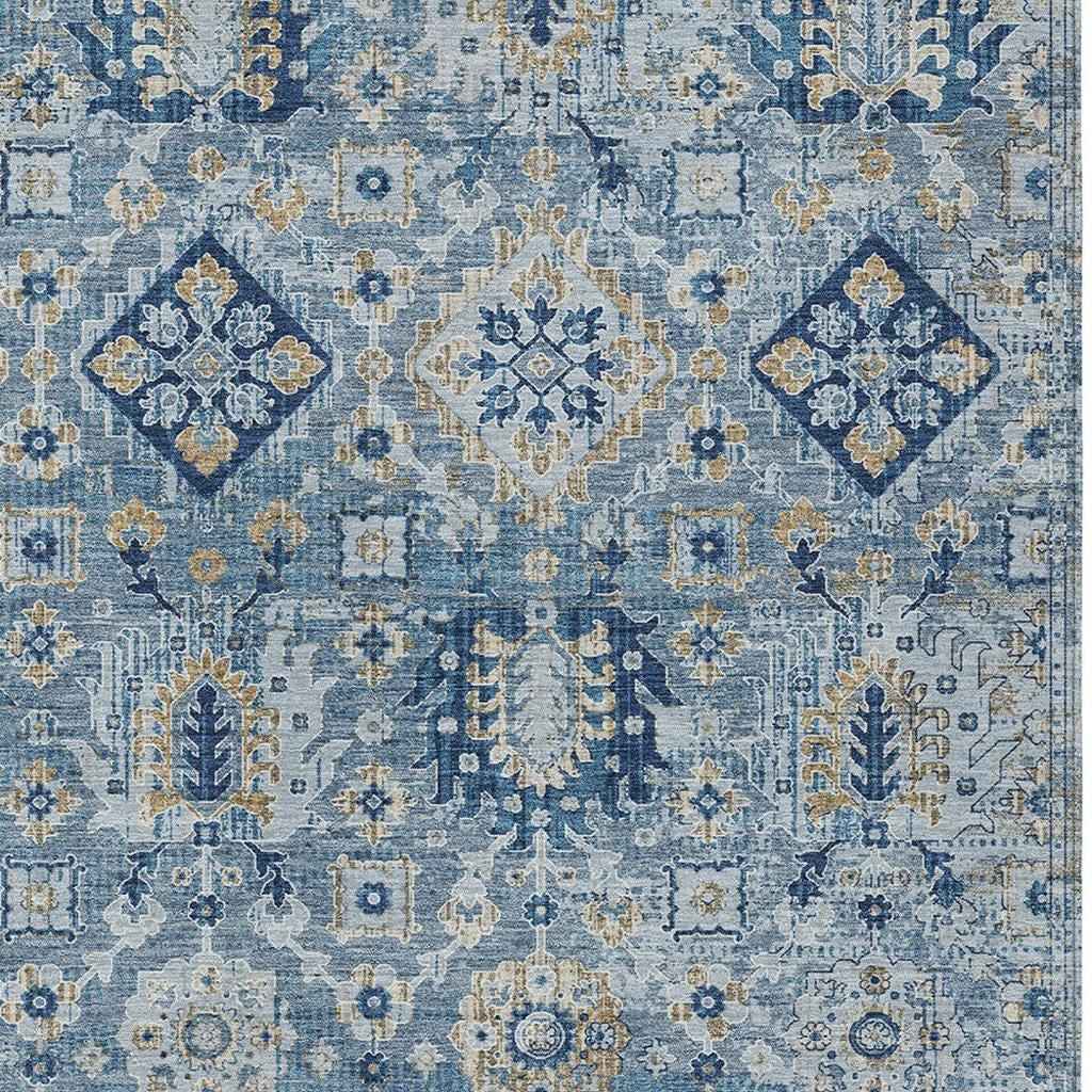 8' X 10' Denim Blue And Gold Floral Medallion Washable Indoor Outdoor Area Rug