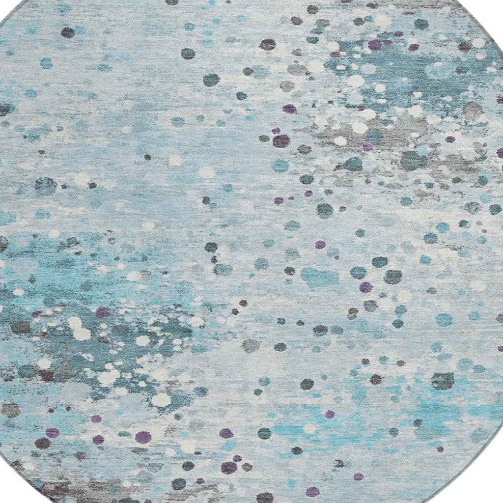 8' Teal Blue And Gray Round Abstract Washable Indoor Outdoor Area Rug