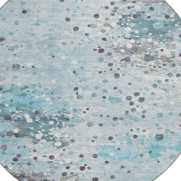 8' Teal Blue And Gray Round Abstract Washable Indoor Outdoor Area Rug
