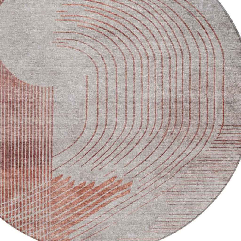 8' Salmon And Beige Round Geometric Washable Indoor Outdoor Area Rug