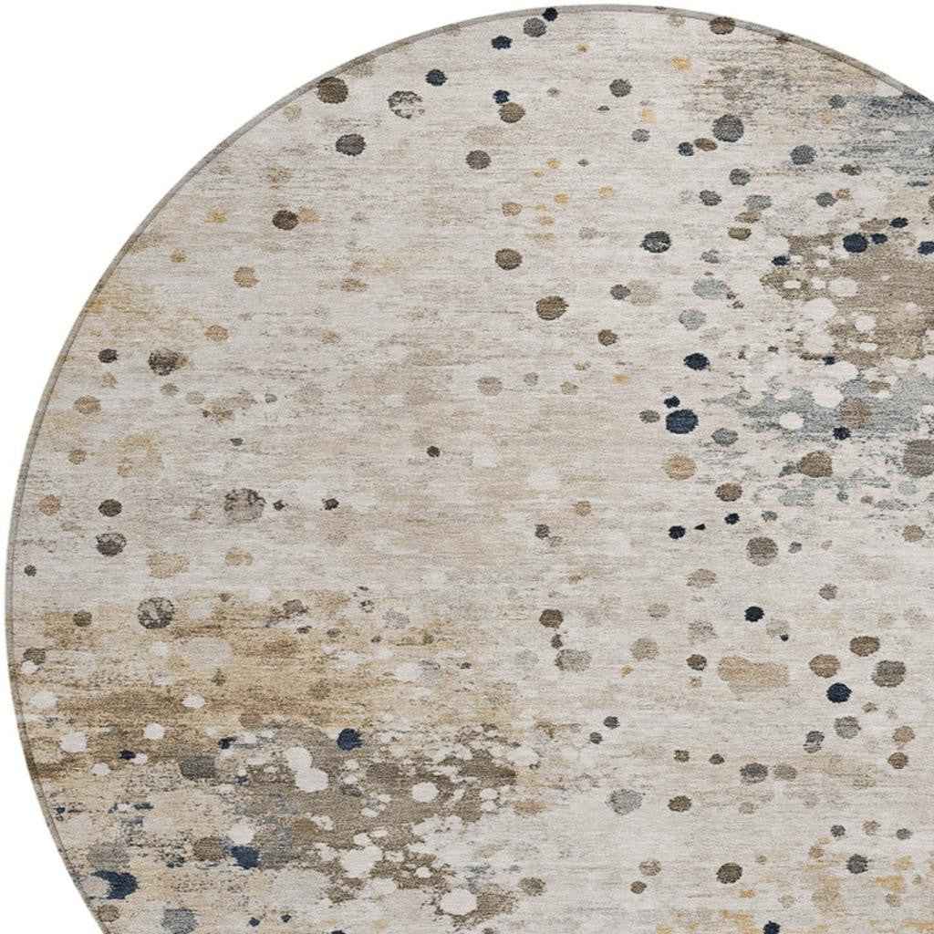 8' Ivory And Taupe Round Abstract Washable Indoor Outdoor Area Rug