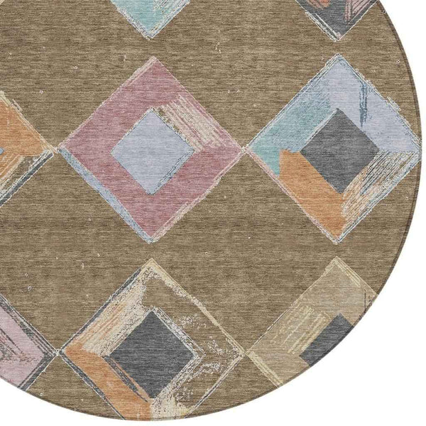 8' Brown Mauve And Charcoal Round Geometric Washable Indoor Outdoor Area Rug