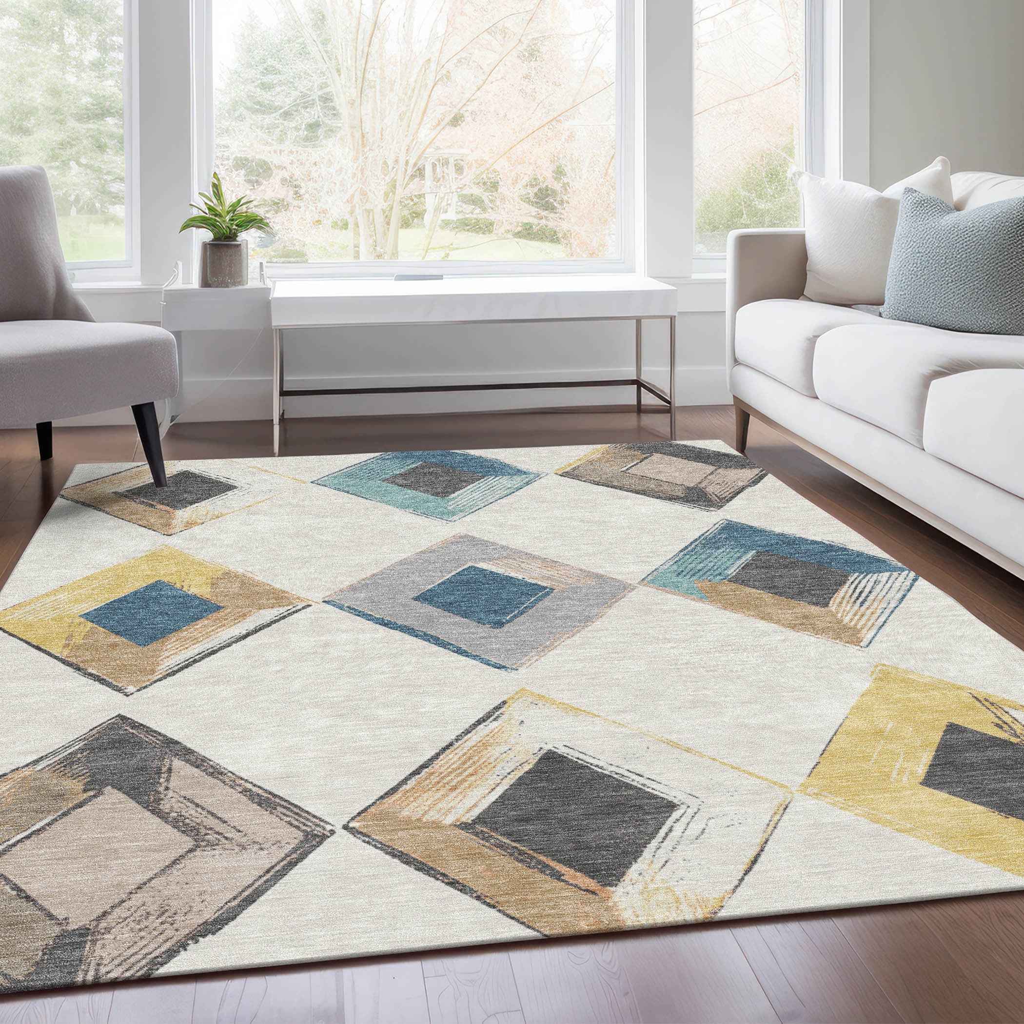 3' X 5' Ivory Gold And Gray Geometric Washable Indoor Outdoor Area Rug