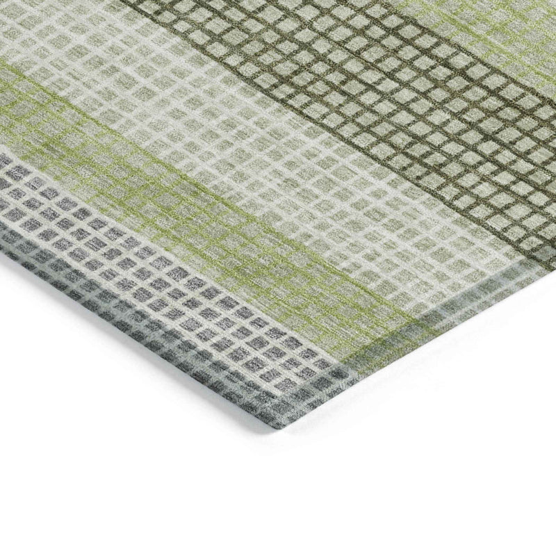 9' X 12' Artichoke Green And Ivory Striped Washable Indoor Outdoor Area Rug