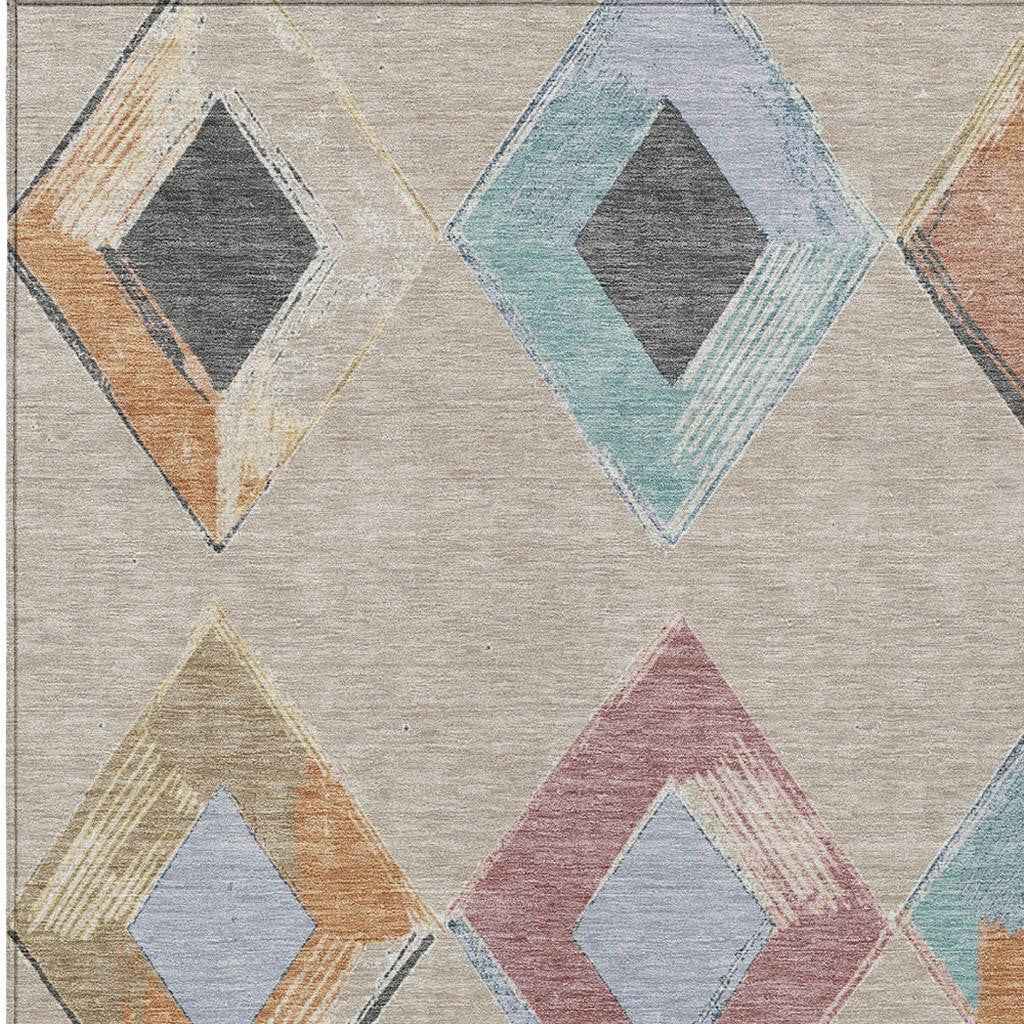 9' X 12' Beige Mauve And Charcoal Geometric Washable Indoor Outdoor Area Rug