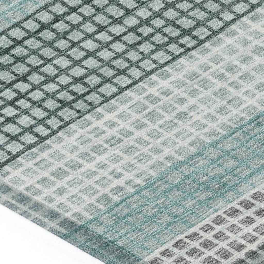 9' X 12' Teal Blue And Ivory Striped Washable Indoor Outdoor Area Rug