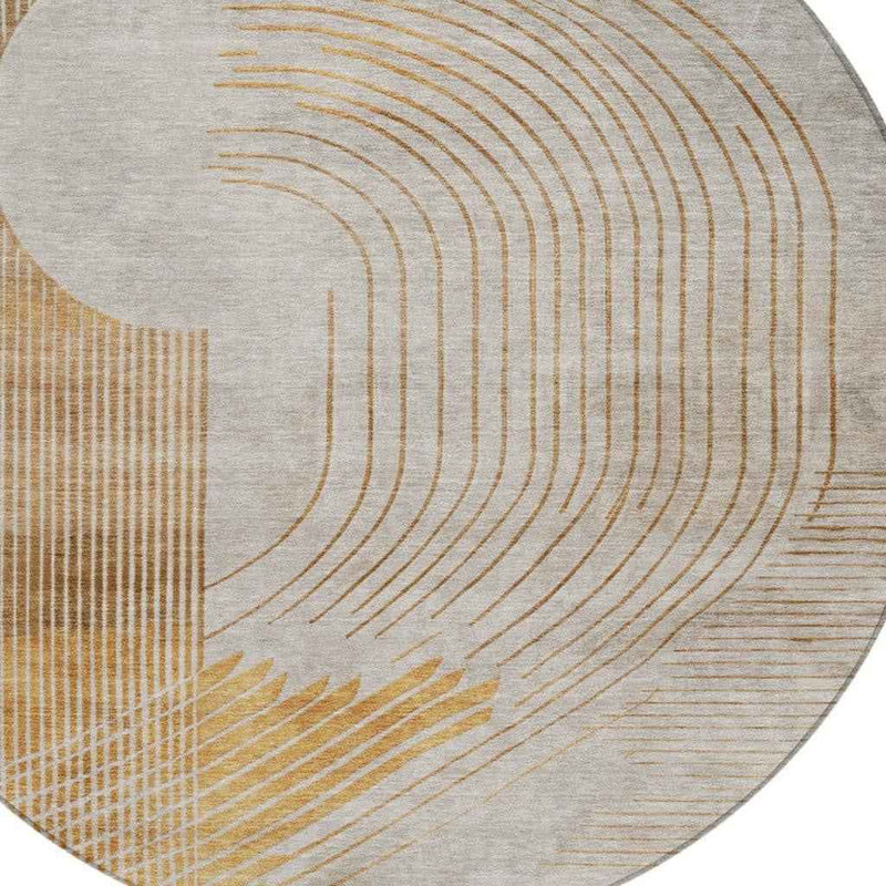 8' Gold And Ivory Round Geometric Washable Indoor Outdoor Area Rug