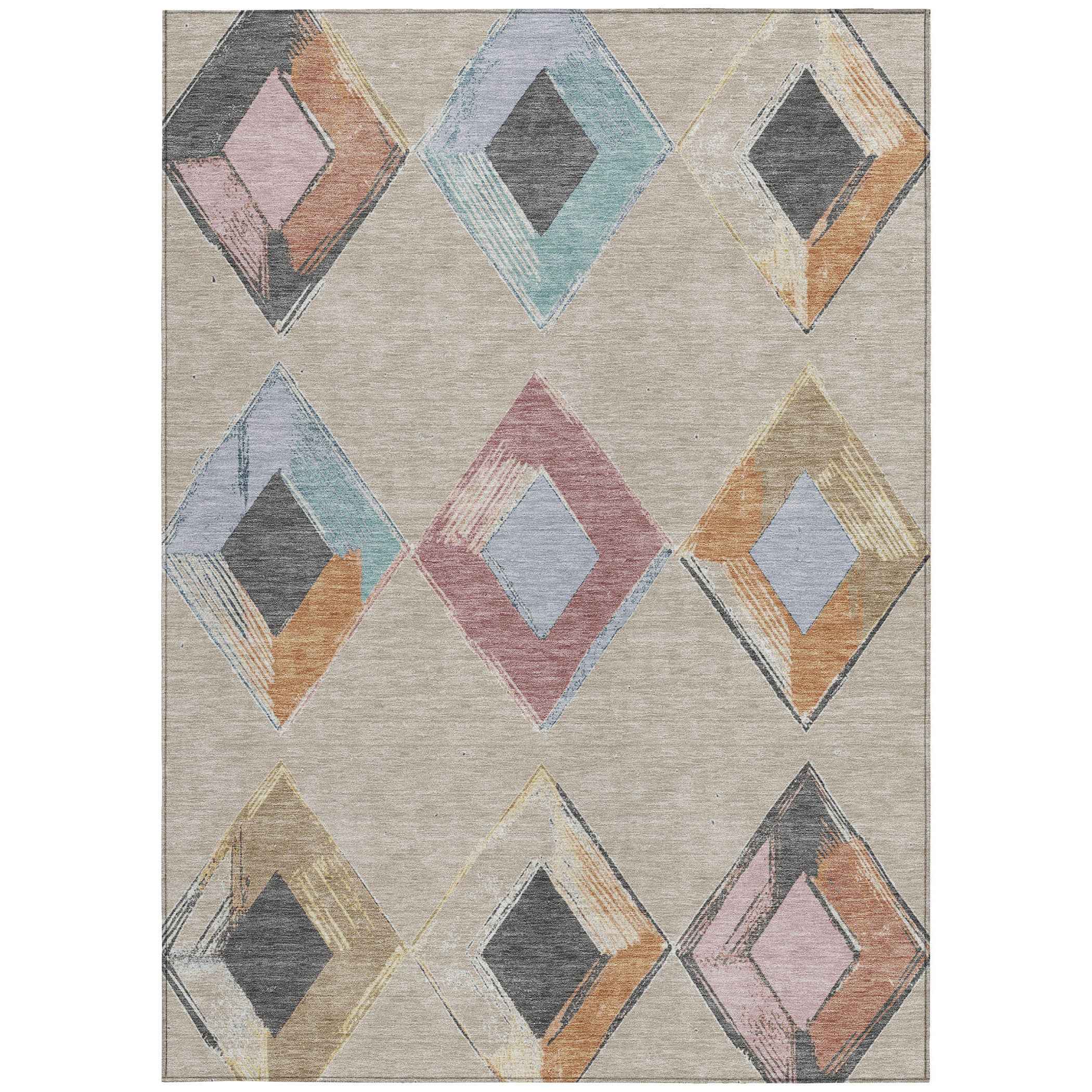 3' X 5' Beige Mauve And Charcoal Geometric Washable Indoor Outdoor Area Rug