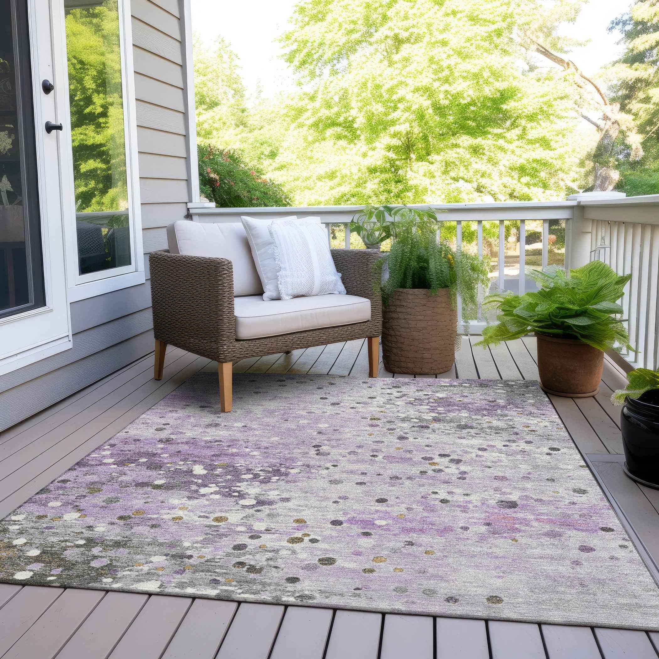 8' X 10' Lavender And Ivory Abstract Washable Indoor Outdoor Area Rug