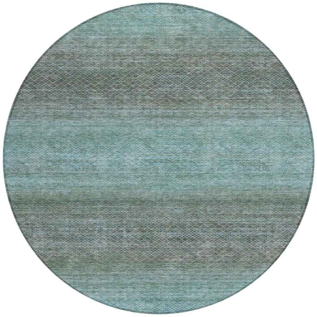 8' Teal Blue And Brown Round Geometric Washable Indoor Outdoor Area Rug