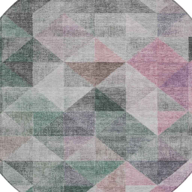 8' Blush And Green Round Geometric Washable Indoor Outdoor Area Rug