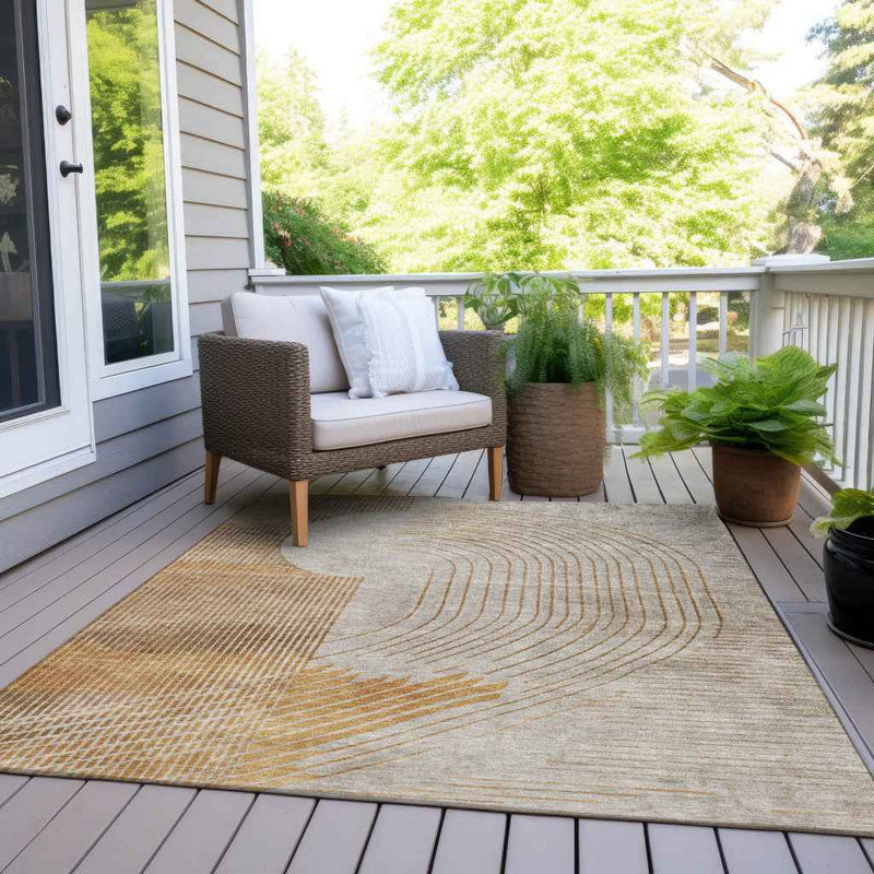 9' X 12' Gold And Ivory Geometric Washable Indoor Outdoor Area Rug