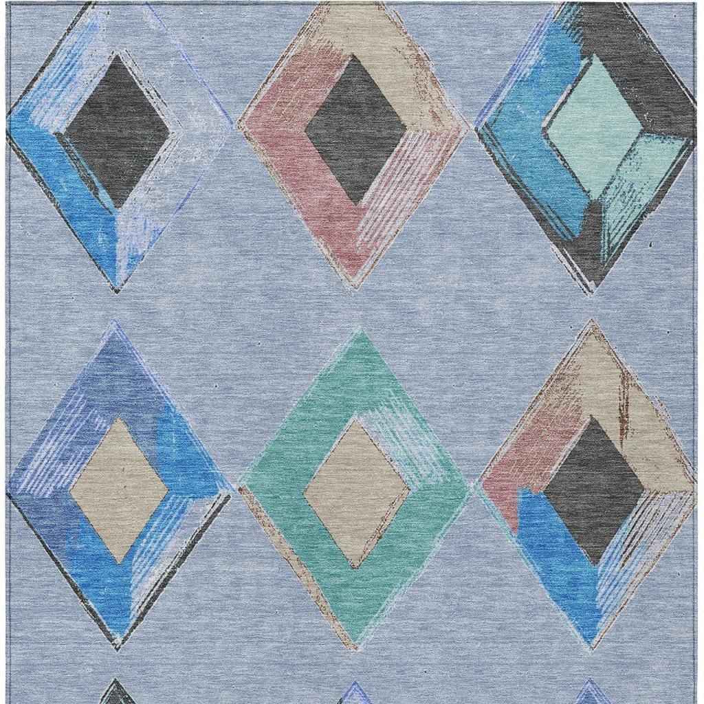 5' X 8' Denim Blue Mint Green And Gray Geometric Washable Indoor Outdoor Area Rug
