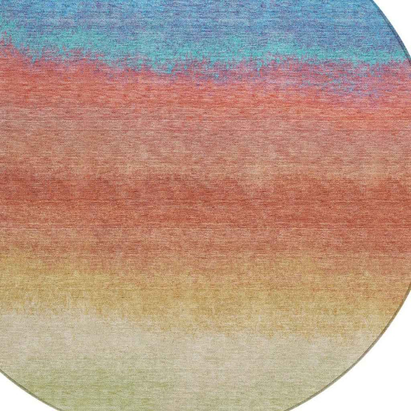 8' Coral And Blue Round Ombre Washable Indoor Outdoor Area Rug