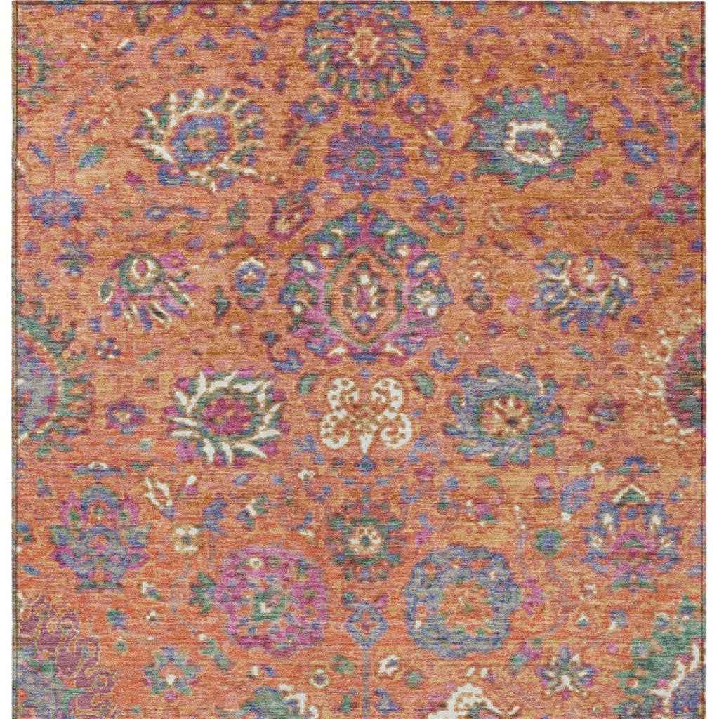 3' X 5' Orange Blue And Pink Floral Washable Indoor Outdoor Area Rug
