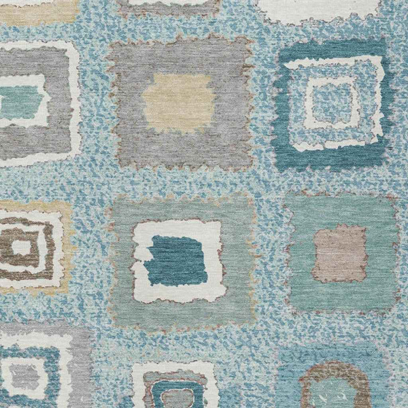 3' X 5' Teal Blue Beige And Ivory Geometric Washable Indoor Outdoor Area Rug