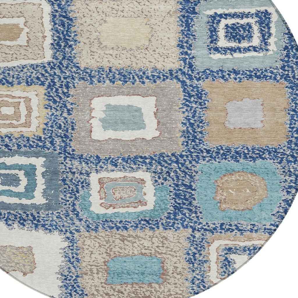 8' Navy Blue Beige And Ivory Round Geometric Washable Indoor Outdoor Area Rug