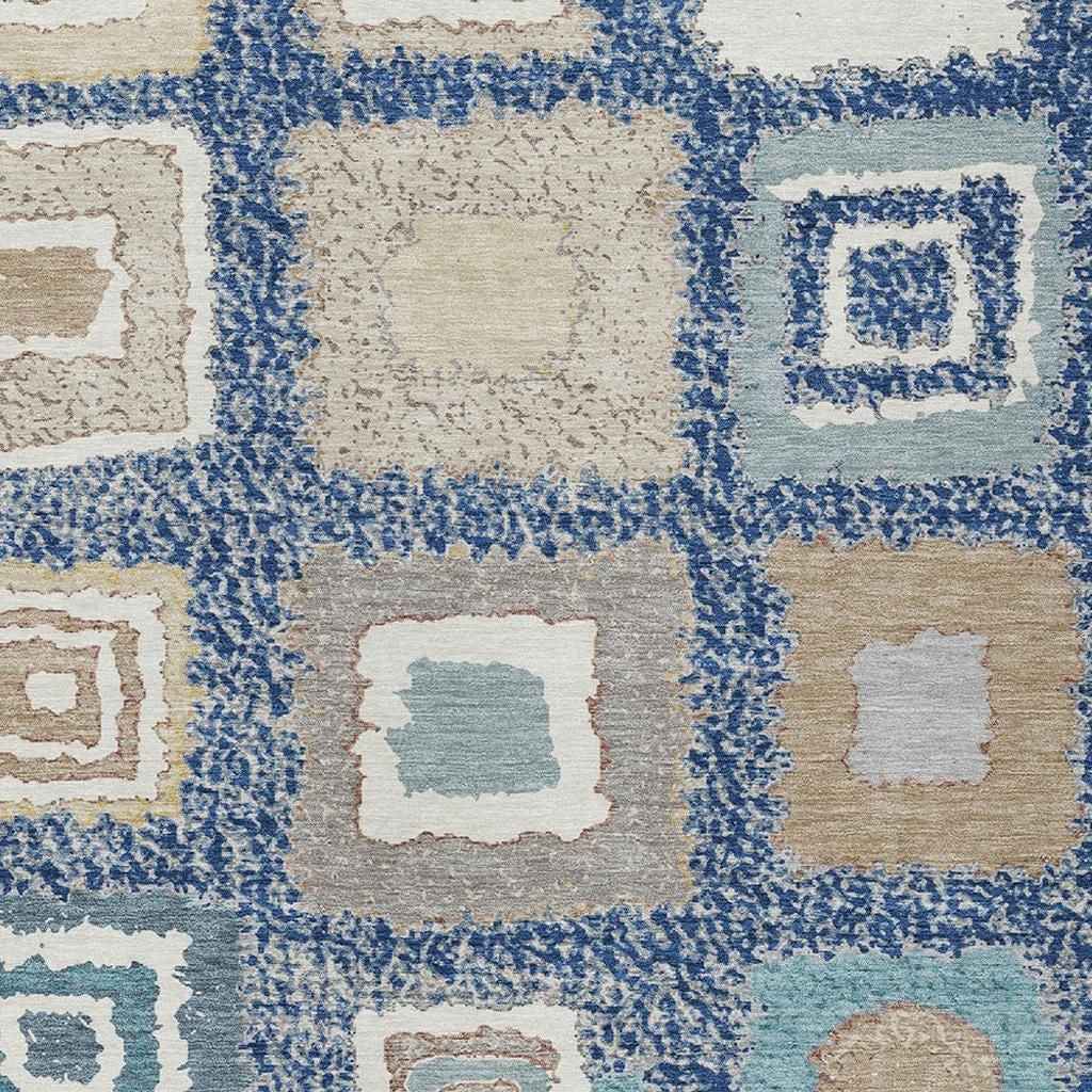 5' X 8' Navy Blue Beige And Ivory Geometric Washable Indoor Outdoor Area Rug