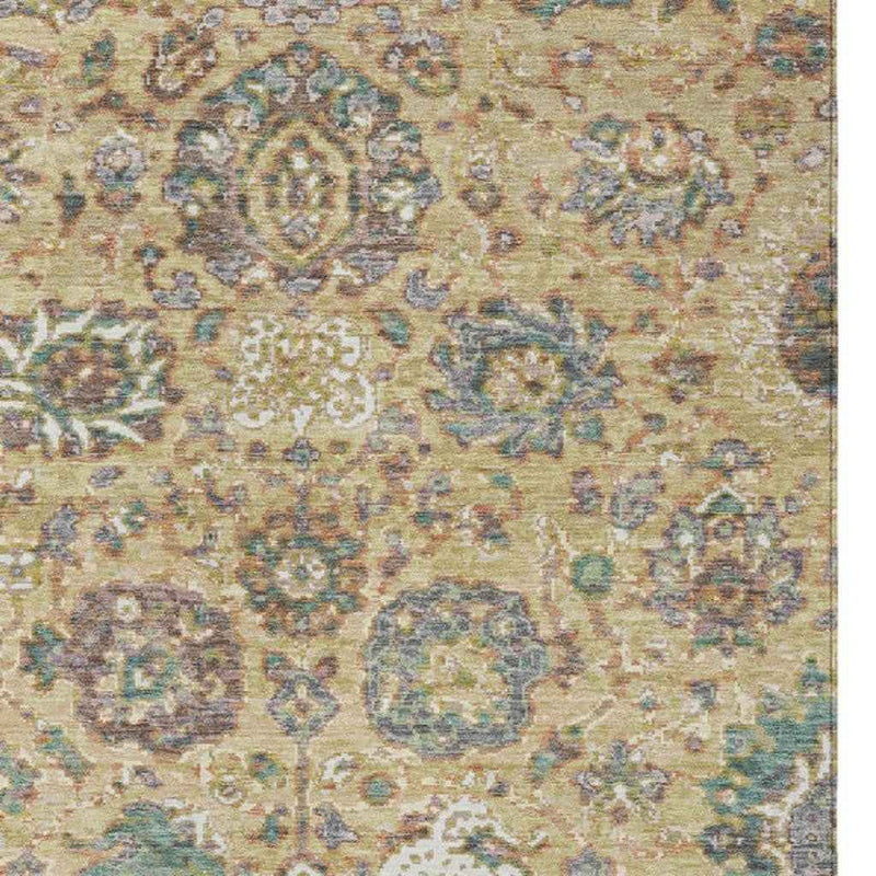 9' X 12' Gold Beige And Pale Aqua Floral Washable Indoor Outdoor Area Rug