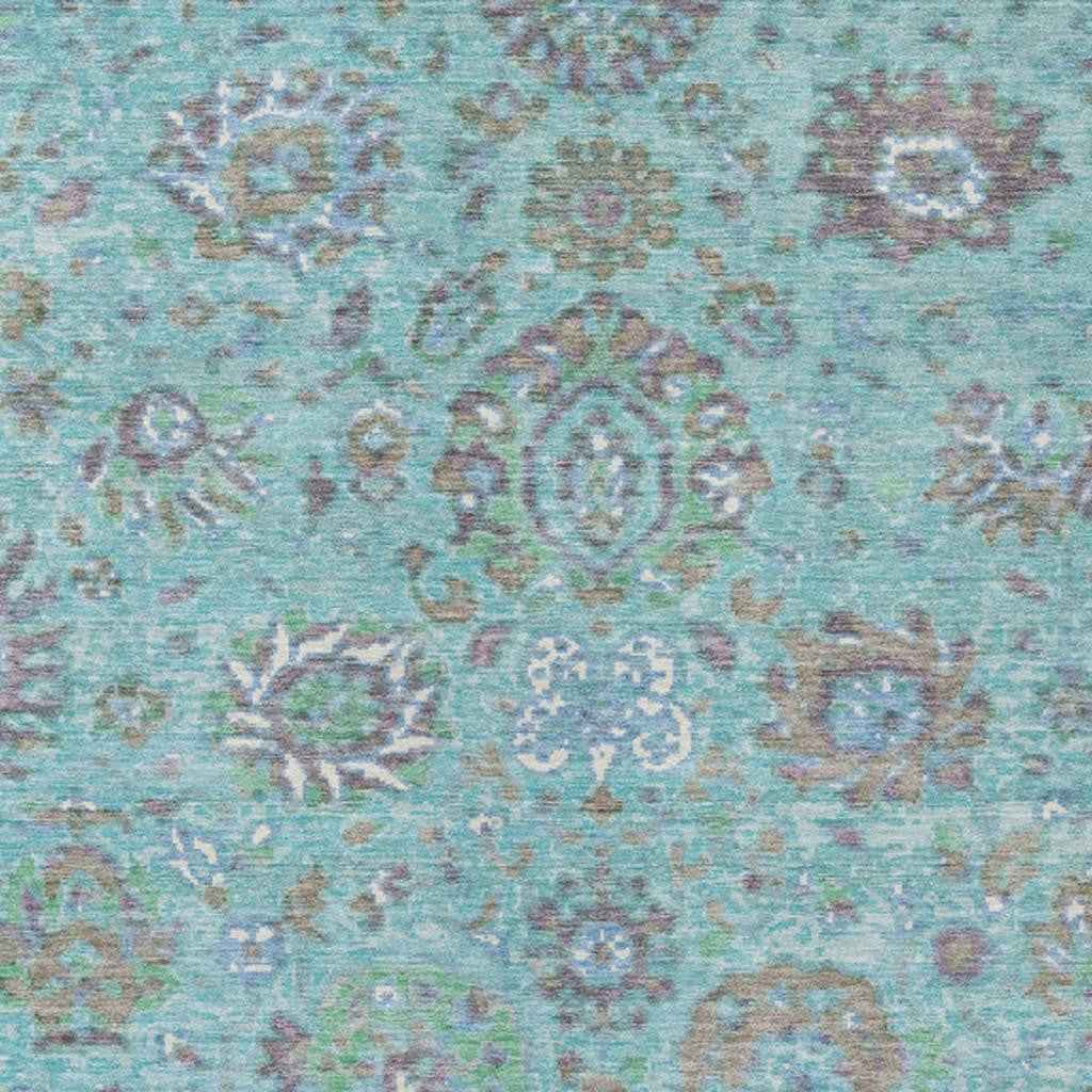 3' X 5' Teal Blue Taupe And Ivory Floral Washable Indoor Outdoor Area Rug