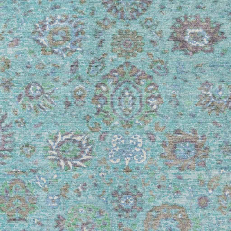 3' X 5' Teal Blue Taupe And Ivory Floral Washable Indoor Outdoor Area Rug