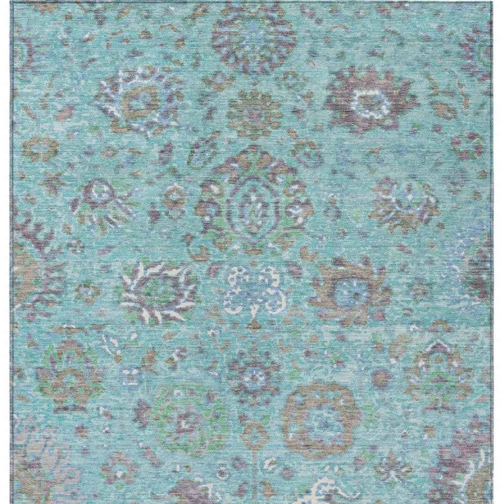 3' X 5' Teal Blue Taupe And Ivory Floral Washable Indoor Outdoor Area Rug