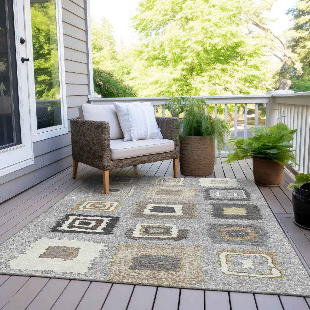 8' X 10' Gray Charcoal And Beige Geometric Washable Indoor Outdoor Area Rug