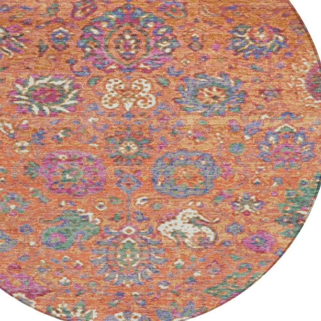8' Orange Blue And Pink Round Floral Washable Indoor Outdoor Area Rug