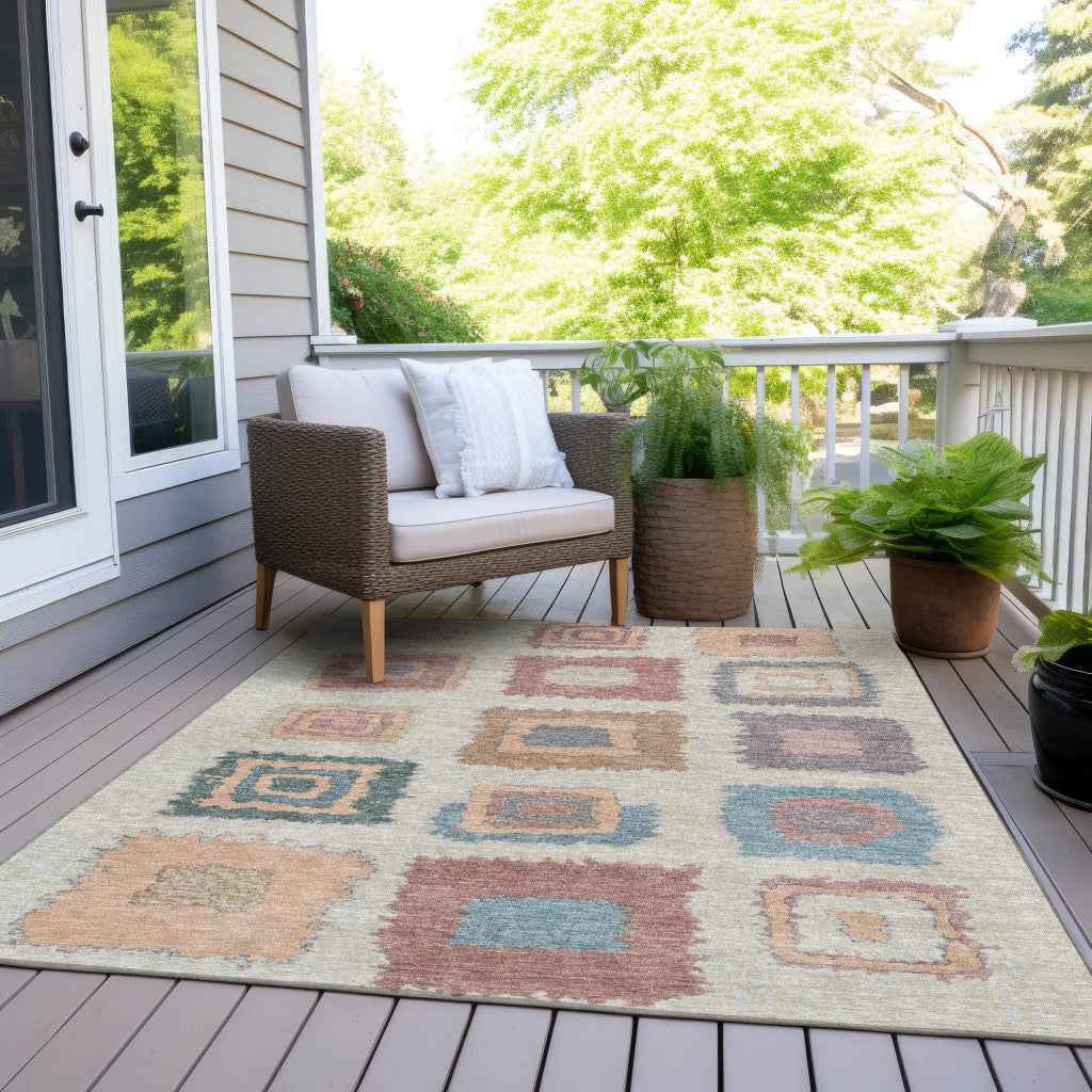 5' X 8' Peach Ivory And Beige Geometric Washable Indoor Outdoor Area Rug