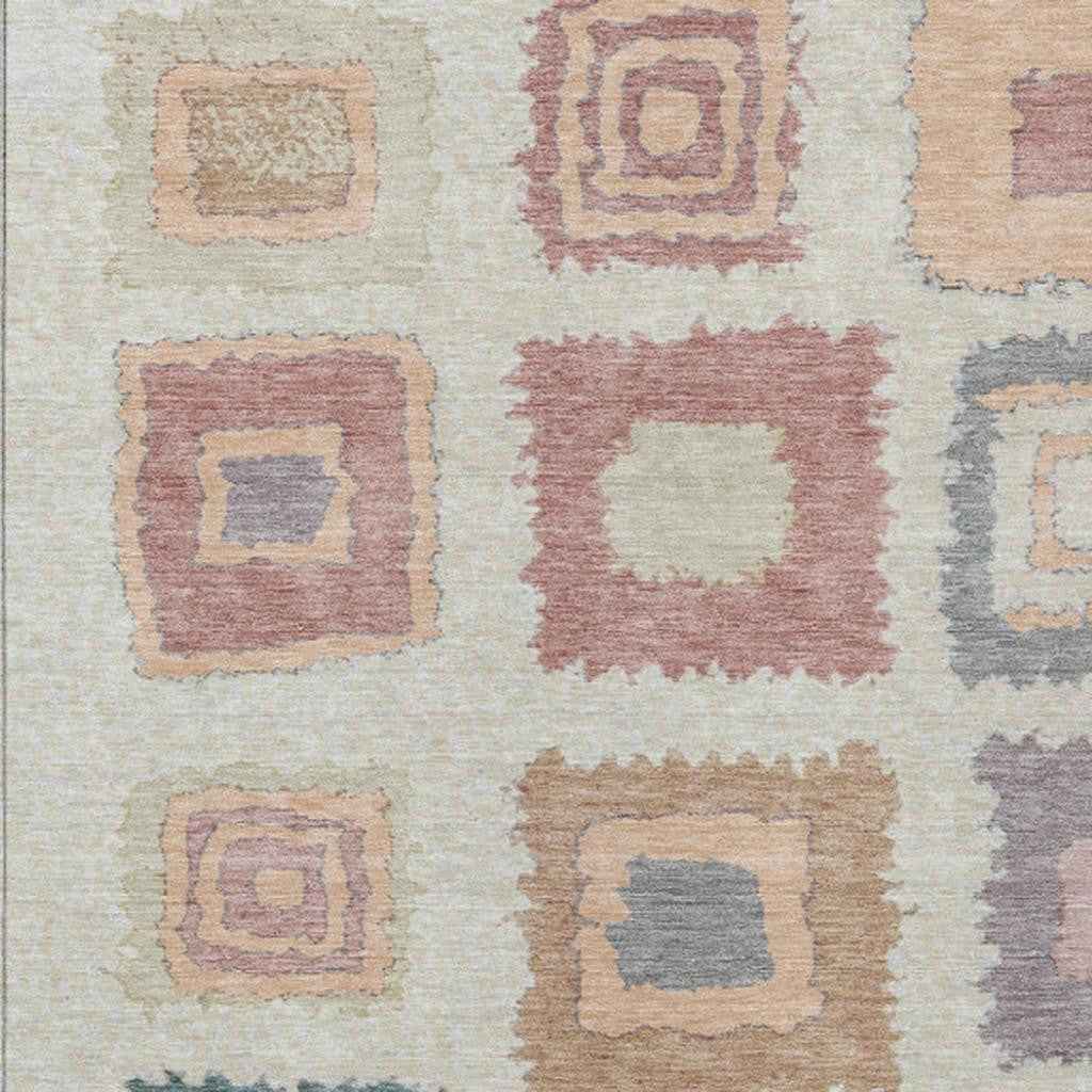 8' X 10' Peach Ivory And Beige Geometric Washable Indoor Outdoor Area Rug