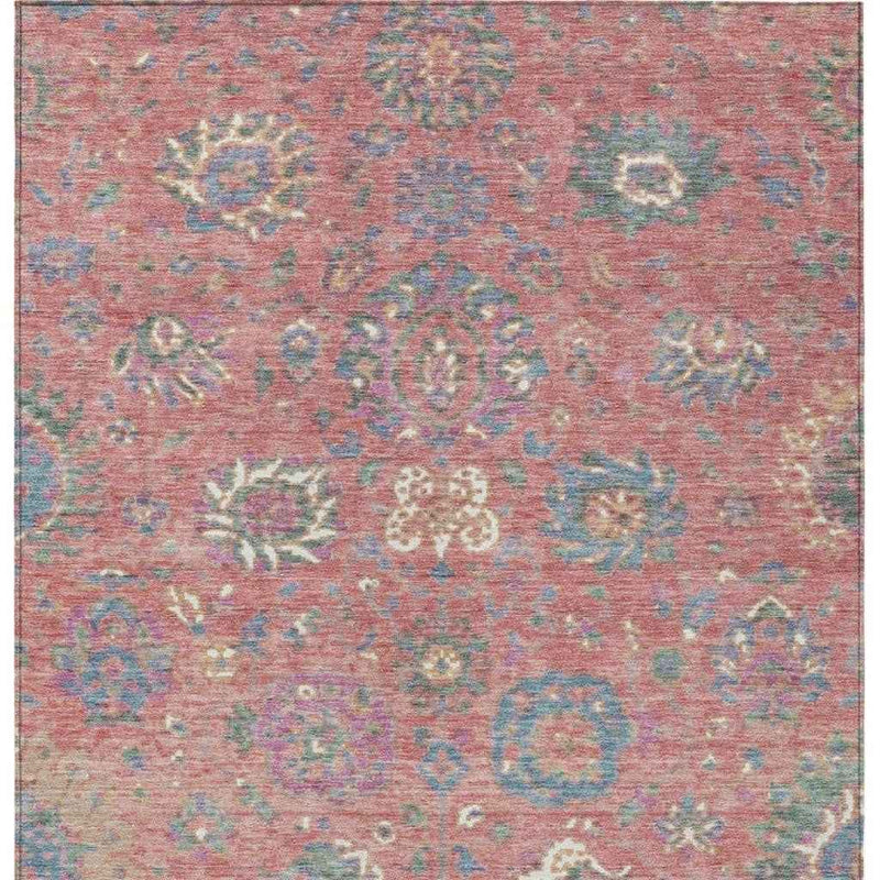 5' X 8' Coral Plum And Blue Floral Washable Indoor Outdoor Area Rug